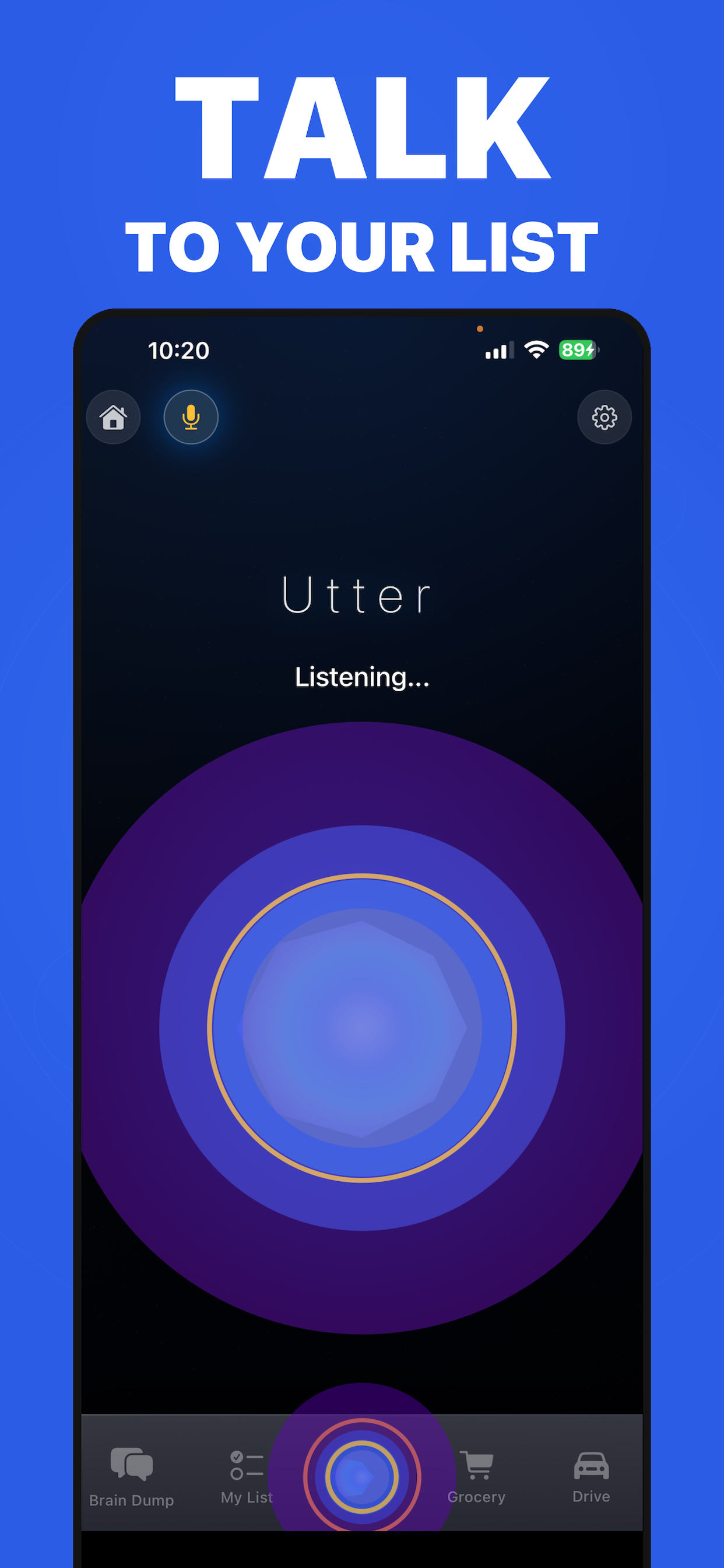 Utter List app showing a voice-forward to-do list on iPhone