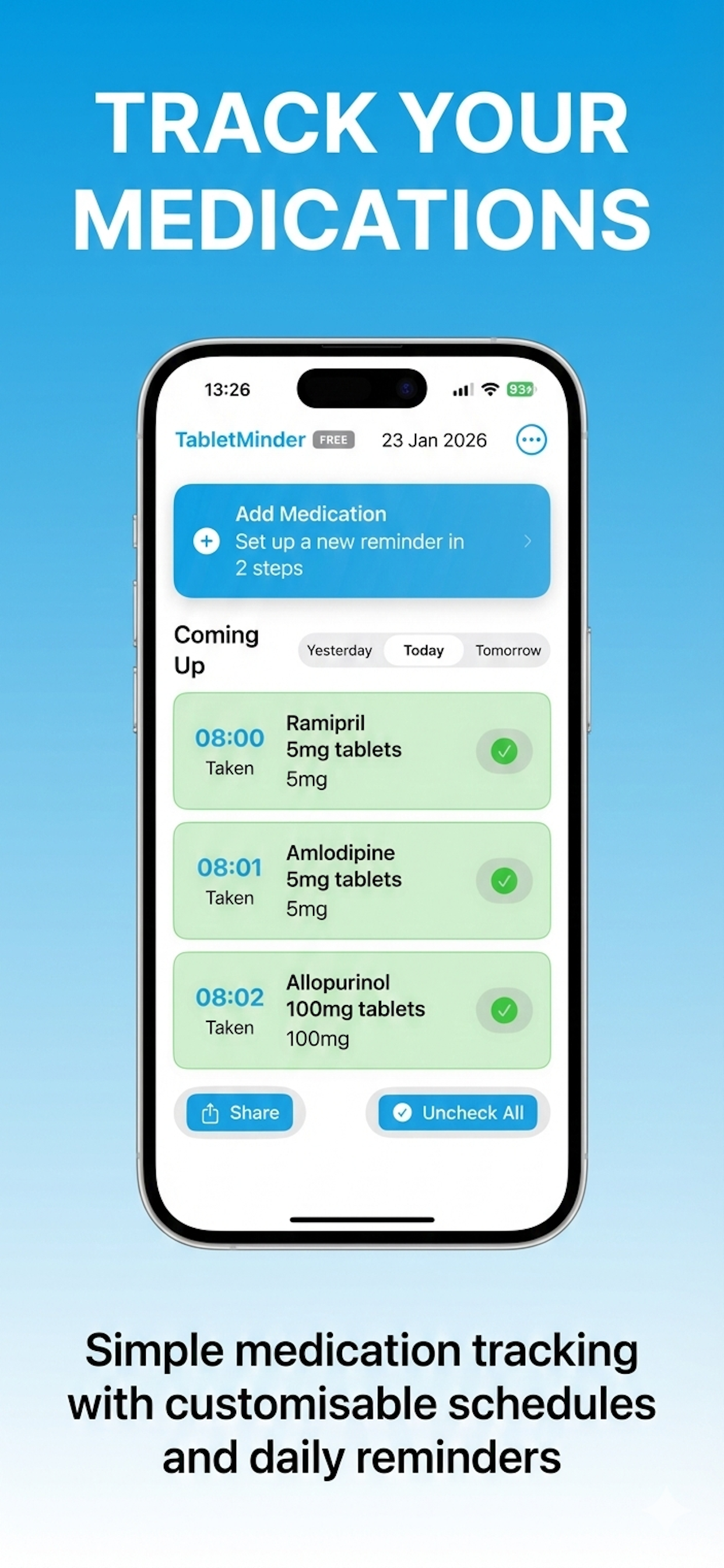 TabletMinder app showing medication reminders on iPhone